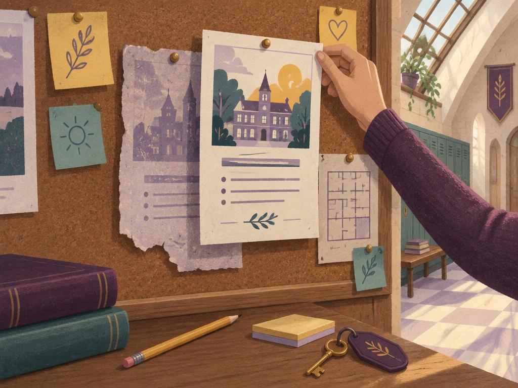A student pins a clear new notice over an old flyer on a school noticeboard, beside books, a pencil, and a room key.