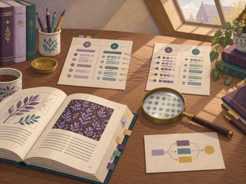 Two comparison charts joined by thread, a magnifying glass over a dot pattern, and a tabbed library book on an attic desk.