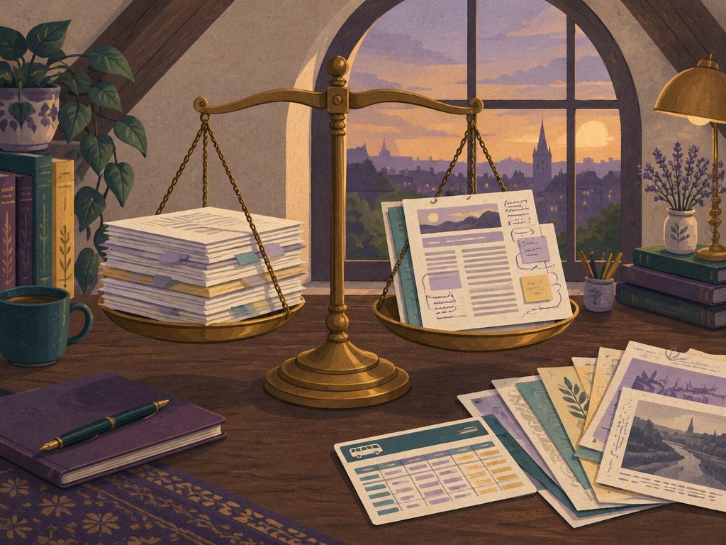 A brass scale weighing stacks of documents against an annotated newsletter draft, with a bus timetable and fanned sources.